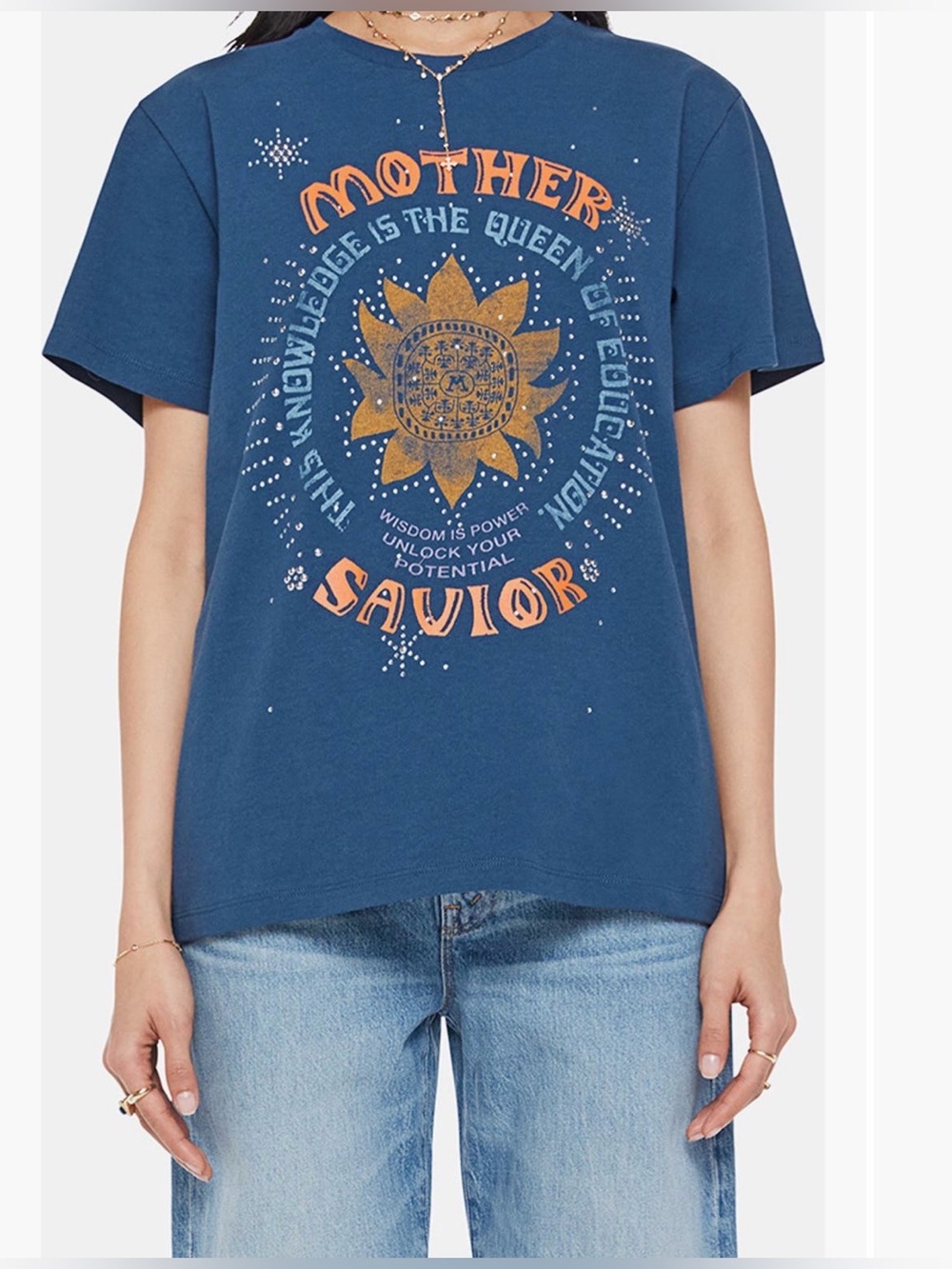😍 NWOT- MOTHER The Rowdy Mother Savior Rhinestone Graphic Tee Blue S
